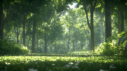 Obraz premium Lush Green Forest Scene with Sunlight Shining Through Trees Along a Pathway and Grass on the Ground