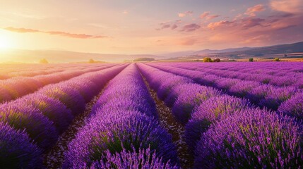Obraz premium Breathtaking Lavender Fields Stretching into the Horizon at Sunset