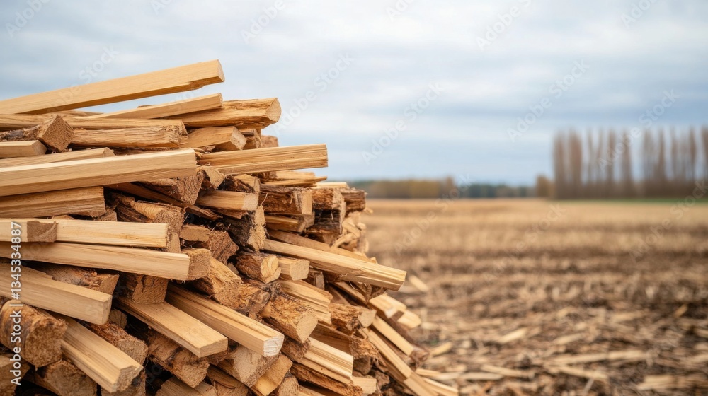Poster stacked logs on agricultural landscape under cloudy sky with distant trees and open field background