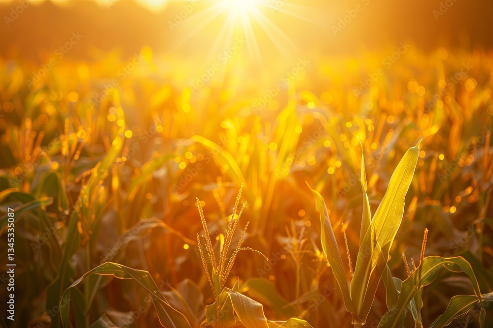 Poster golden sunlight illuminating lush corn fields during the golden hour in an expansive agricultural la