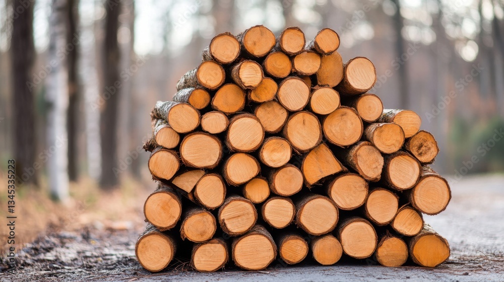 Poster stacked logs in forest setting with soft focus on background and tree line in natural environment