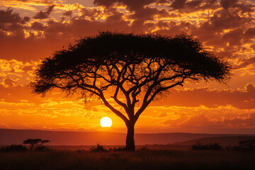 Naklejka premium Silhouette of an acacia tree sunset sky, a beautiful scene, a real photograph.