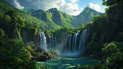 Fototapeta premium Lush Rainforest with Cascading Waterfalls in Vibrant Greenery