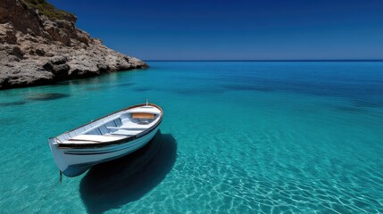 Fototapeta premium Tranquil turquoise cove with small boat