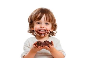 Happy child eating chocolate with a messy face isolated on transparent background