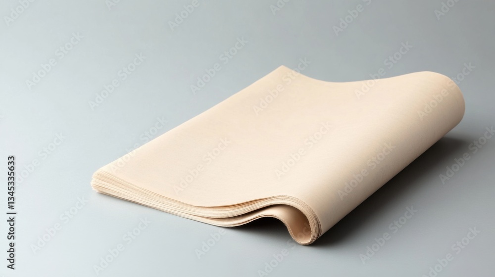 Aufkleber soft beige textured paper sheet partially curled on smooth gray surface for creative design projects