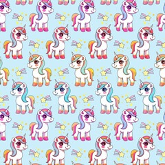 Unicorn pattern. Seamless pattern with full color unicorns, rainbow and stars. Isolated on light blue background.