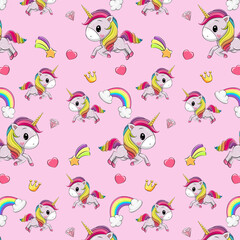 Cute unicorns on a pink background. Seamless unicorns pattern rainbow and stars.