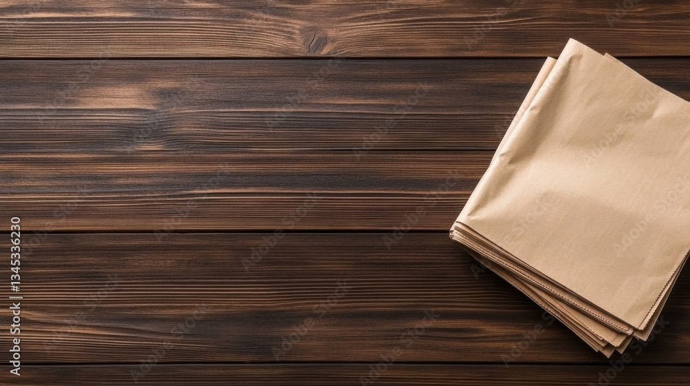 Poster brown paper sheets stacked neatly on a dark wood background for crafting and packaging projects