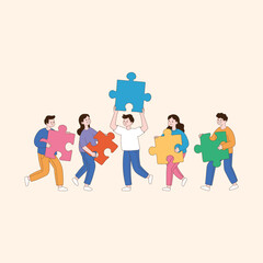 people working together with jigsaw puzzles. minimal line art vector illustration.