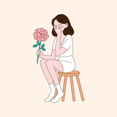 a woman who is happy to hold a flowers. minimal line art vector illustration.