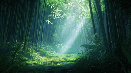 Fototapeta premium Serene Bamboo Forest with Soft Light Creating a Tranquil Atmosphere