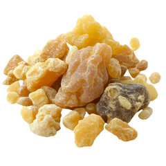 Stack of Frankincense Resin With Warm Light, Isolated On White. Aromatic Resin For Incense, Perfume, And Medicine