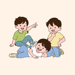 Three children's friends are happily posing. minimal line art vector illustration.