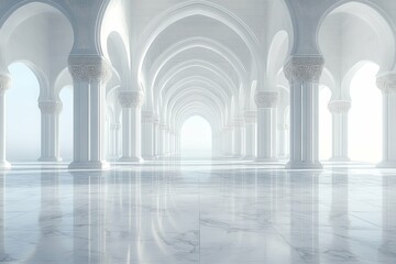 Fototapeta premium A spacious white marble hall with arched ceilings and columns