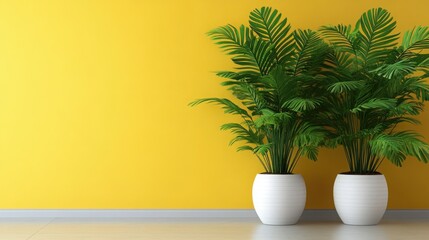 Obraz premium A clean yellow background highlighting two large indoor plants, a broad-leafed calathea plant with intricate patterns and a towering palm plant in elegant pots, bathed in natural light.