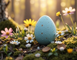 Whimsical blue egg surrounded by cheerful wildflowers in a forest