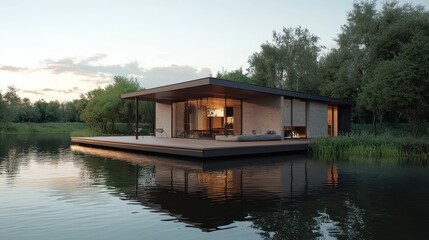 Modern Floating House Over Serene Lake in Nature Setting