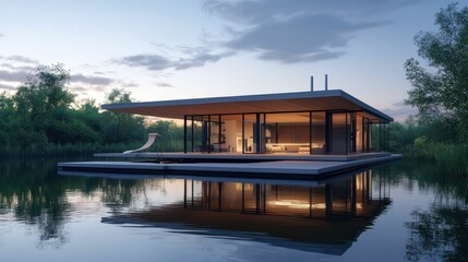 Modern Floating House Over Serene Lake with Reflective Water Surface