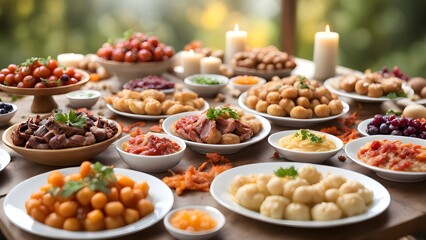 A table laden various autumnal dishes, including dumplings, meat, vegetables, set a celebratory meal.