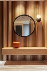 Elegant Wood Slat Wall with Round Mirror & LED Light Decor