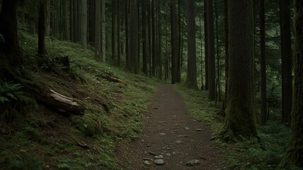 Fototapeta premium Dark Forest Path: Lush Green Undergrowth and Sunlight Dappled Canopy