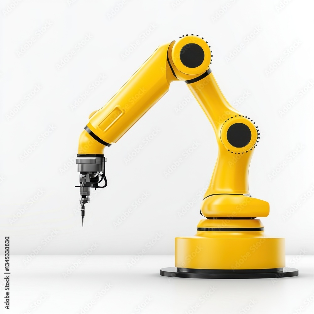 Poster robotic arm with yellow finish displayed on white background for industrial automation and technolog