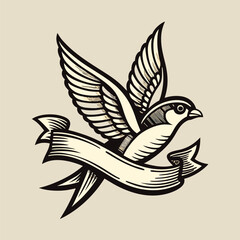 Vintage Bird with Ribbon Hand Drawn Swallow Logo Sketch