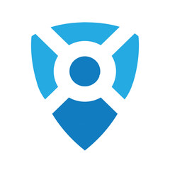 The image shows a flat logo design of a shield with an abstract person. The logo looks clean in blue color on a white background and can be used for security related purposes.