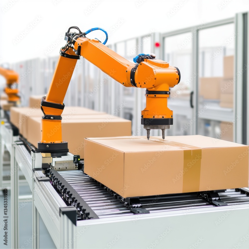 Poster robotic arm in modern warehouse handling cardboard boxes on conveyor belt for efficient logistics ma