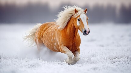 Obraz premium Majestic chestnut horse galloping across a snowy field. A powerful, spirited animal with a flowing mane and tail, running through a winter wonderland