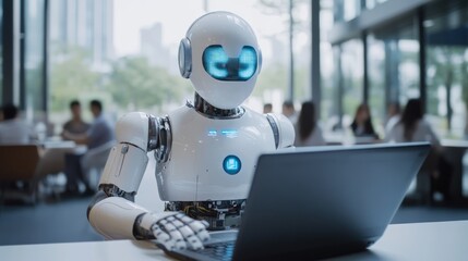 A modern robot sits working diligently on a laptop computer