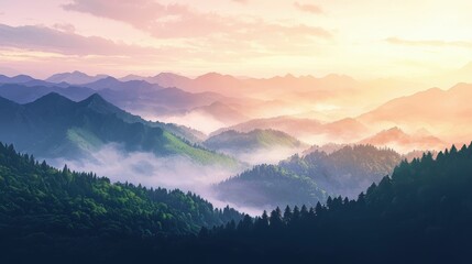 Fototapeta premium Misty Mountain Landscape with Rolling Green Hills at Sunrise