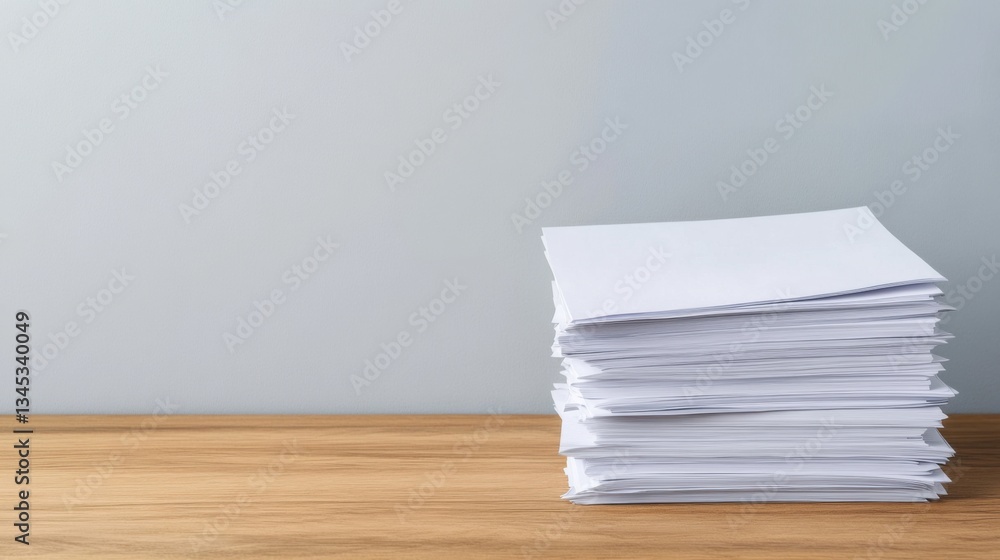 Poster stack of white papers on wooden table against soft gray background for office and business use