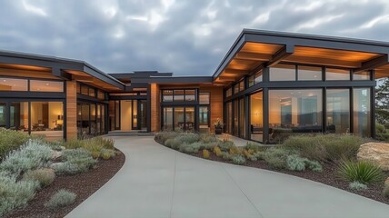 Modern House Exterior with Large Windows and Wood Accents at Dusk