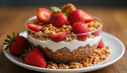 Delicious strawberry yogurt parfait kitchen food photography cozy atmosphere top view healthy eating