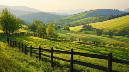 Peaceful Countryside with Rolling Green Hills and Fenced Pastures