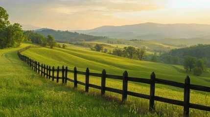 Serene Countryside Landscape with Rolling Green Hills at Sunset