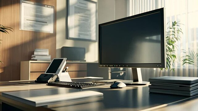 Modern corporate office desk setup with computer screen and workplace ambient lighting