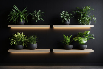 Shelved greenery: Plants in dark pots arranged on lit wooden shelves against a dark wall, modern style.