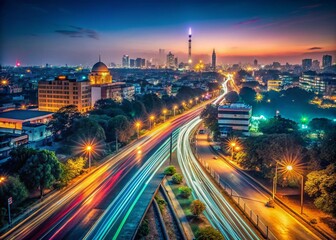 Obraz premium Delhi Skyline Night Long Exposure Photography - City Lights and Urban Landscape