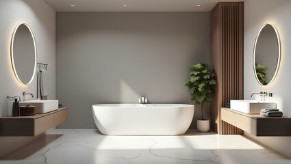 Modern bathroom featuring a white bathtub and sink, with sleek fixtures and minimalist design elements
