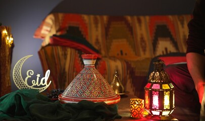 Muslims celebrating Eid Al Adha. Sacrificial lamb meat baked in tajine