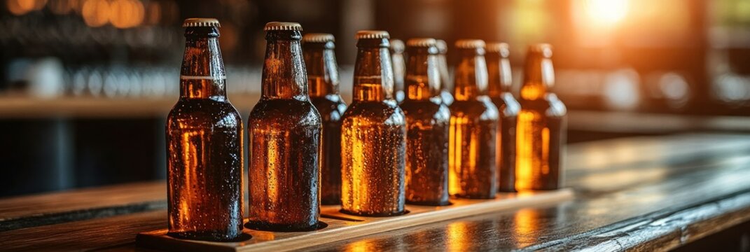 Cold Beer Bottles on a Wooden Bar