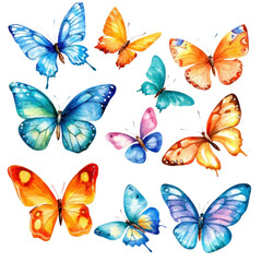 Watercolor illustration of colorful butterflies set isolated on transparent background