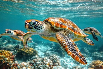 Fototapeta premium Underwater coral reef scene with sea turtles swimming