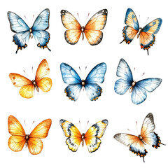 Watercolor illustration of colorful butterflies set isolated on transparent background