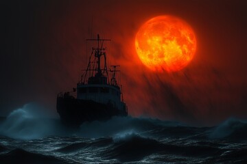 Fototapeta premium Ship Sailing Under a Red Moon