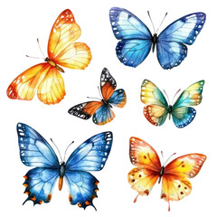 Watercolor illustration of colorful butterflies set isolated on transparent background