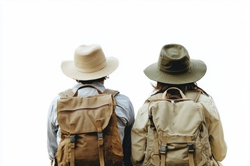 two adventurers in hats and backpacks, suggesting a hiking scene

